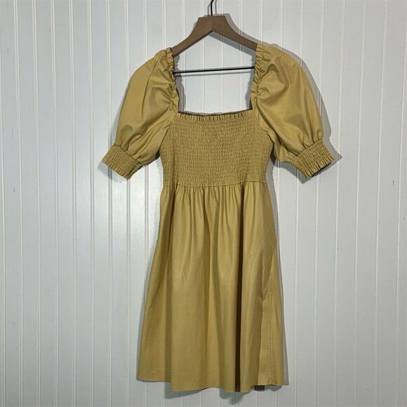 7 For All Mankind Faux Leather Puff Sleeve Dress S Yellow Smocked Bodice NWT - Picture 1 of 10